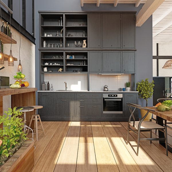Modern kitchen with dark cabinets, open shelves, wooden countertops, plants, fruit, and Edison bulb pendant lights.